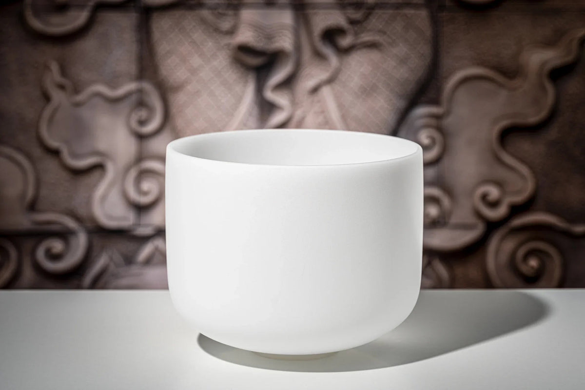 11" White-Frosted Crystal Singing Bowl, Note F4, Heart Chakra