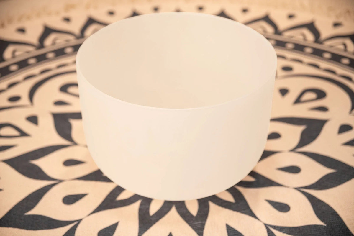 14" White-Frosted Crystal Singing Bowl, Note G3, Throat Chakra