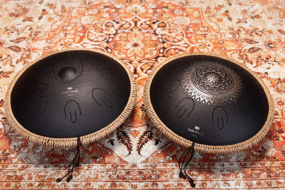 16" Octave Steel Tongue Drum, D Kurd, Lasered Floral Design, Black